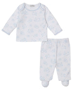 The Kissy Kissy Baby Cheerful Good Night Printed Footed Pant Set features a white long-sleeve top and footed pants with light blue cloud and moon patterns—perfect for cozy nights.