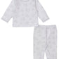 The Kissy Kissy Baby Cheerful Good Night Printed Footed Pant Set includes a white two-piece outfit with a long-sleeve top and footed pants, decorated with a charming gray cloud and moon print.