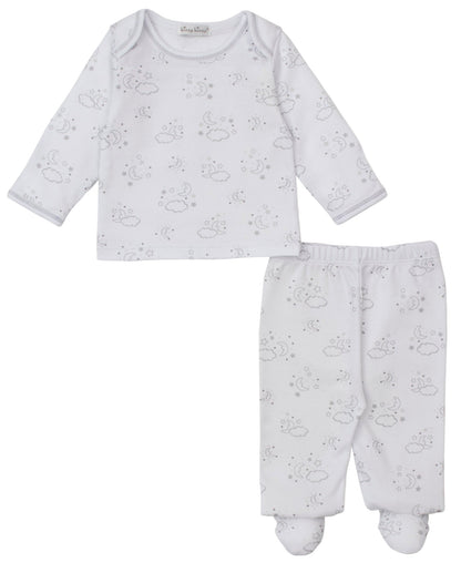 The Kissy Kissy Baby Cheerful Good Night Printed Footed Pant Set includes a white two-piece outfit with a long-sleeve top and footed pants, decorated with a charming gray cloud and moon print.