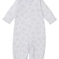 The Kissy Kissy Baby Cheerful Goodnight Convertible Gown features soft white fabric with a grey cloud, moon, and star print, front snap buttons, and elasticized cuffs at the wrists and ankles.