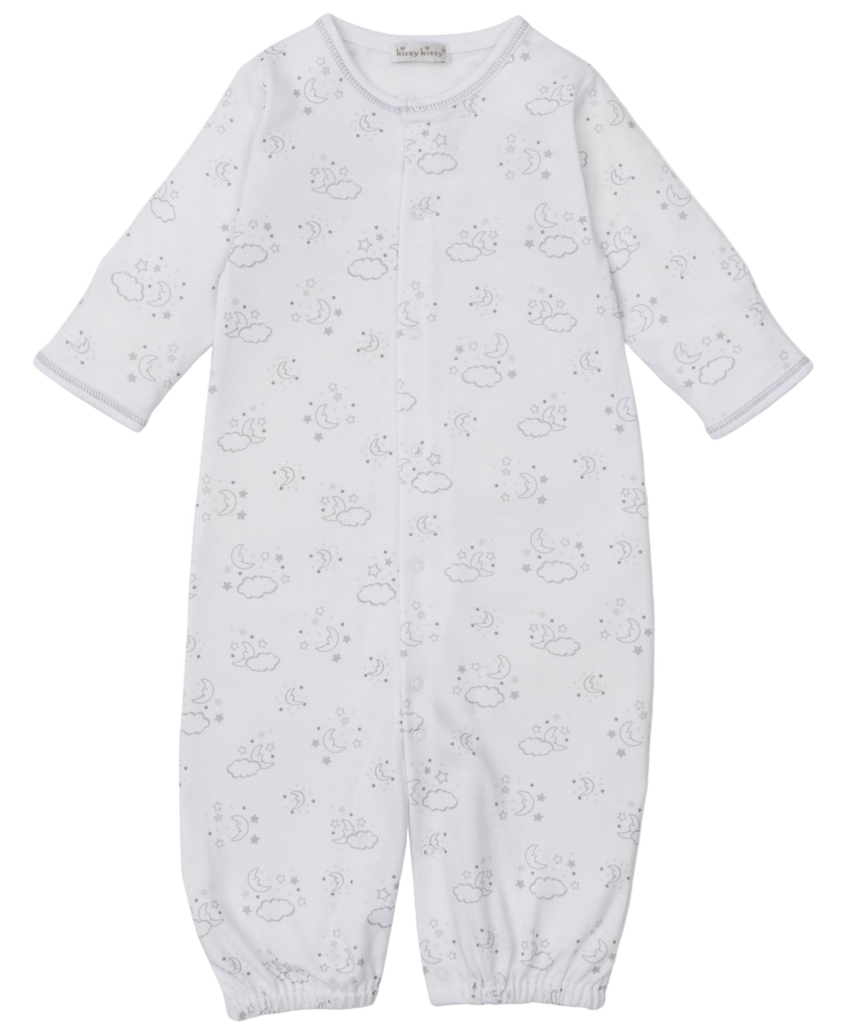 The Kissy Kissy Baby Cheerful Goodnight Convertible Gown features soft white fabric with a grey cloud, moon, and star print, front snap buttons, and elasticized cuffs at the wrists and ankles.