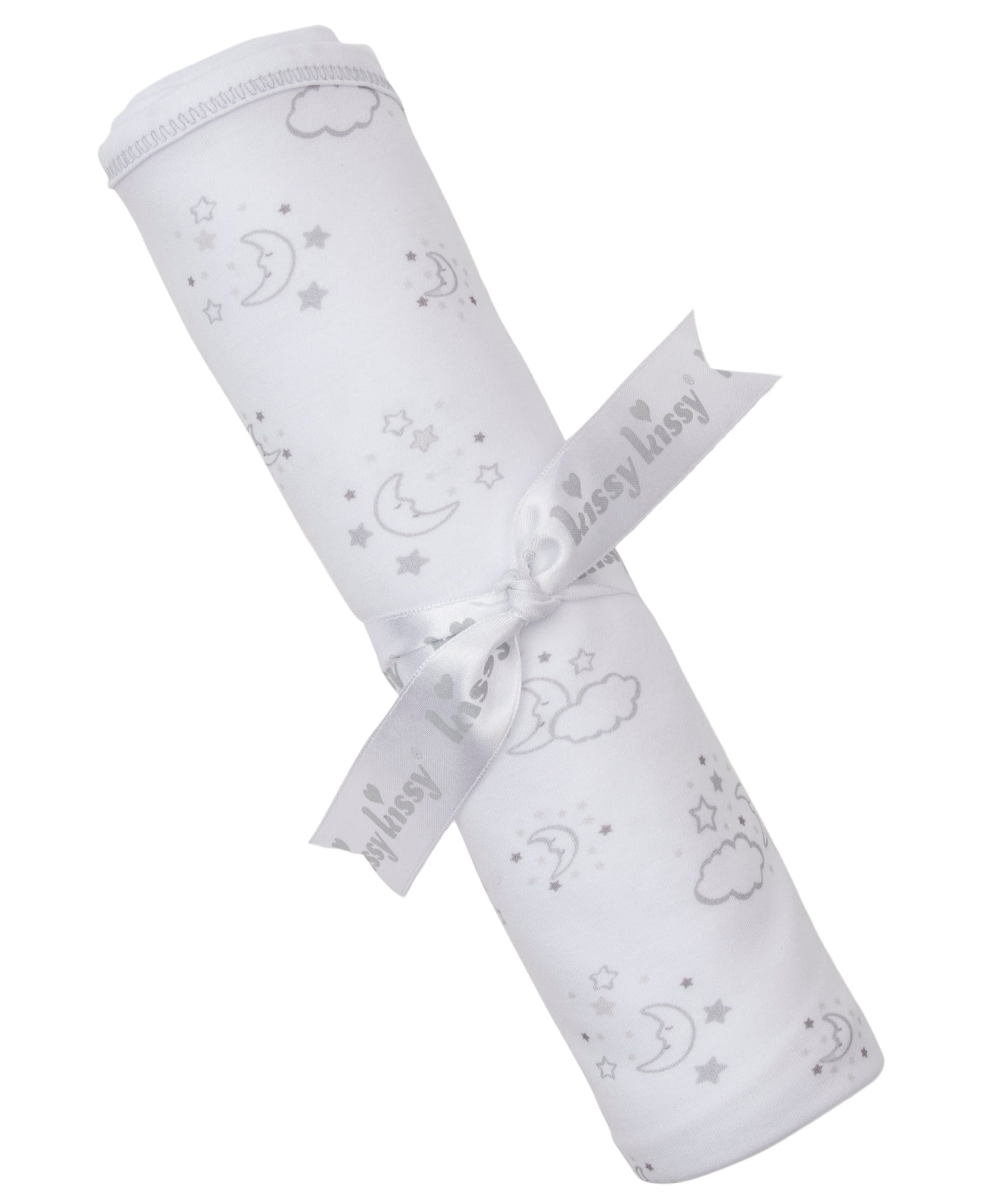 The Cheerful Good Night Printed Blanket by Kissy Kissy is a cozy, rolled-up white baby blanket in soft Pima cotton with gray moon, star, and cloud prints, tied with a "Kissy Kissy" ribbon.