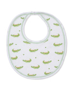 Kissy Kissy's Crocodile Camp Bib is crafted from soft white Pima cotton and showcases a playful green croc print with coordinating green stitching along the edge. Displayed flat on a white background, this bib is perfect for adding style to baby mealtime moments.