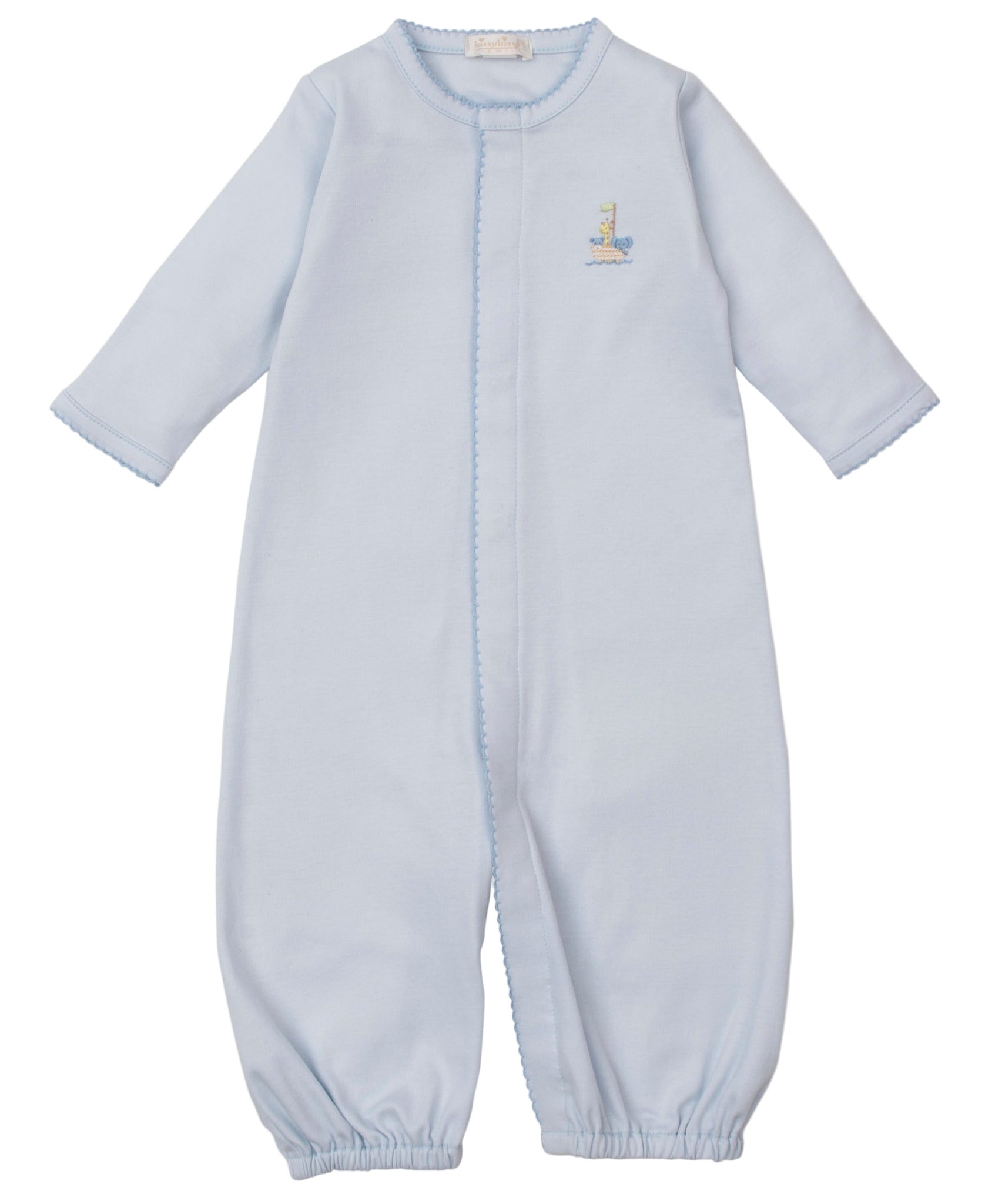 The Kissy Kissy Baby Premier Noah's Ark Convertible Gown with Hand Emb. features long sleeves, elasticated ankles, and a Noah's Ark embroidery on light blue Peruvian cotton for a soft, charming look.