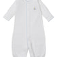 The Kissy Kissy Baby Premier Noah's Ark Convertible Gown features soft Peruvian cotton, long sleeves, blue trim, and a hand-embroidered Noah's Ark with a duck and boat on the chest, shown laid flat on a plain background.