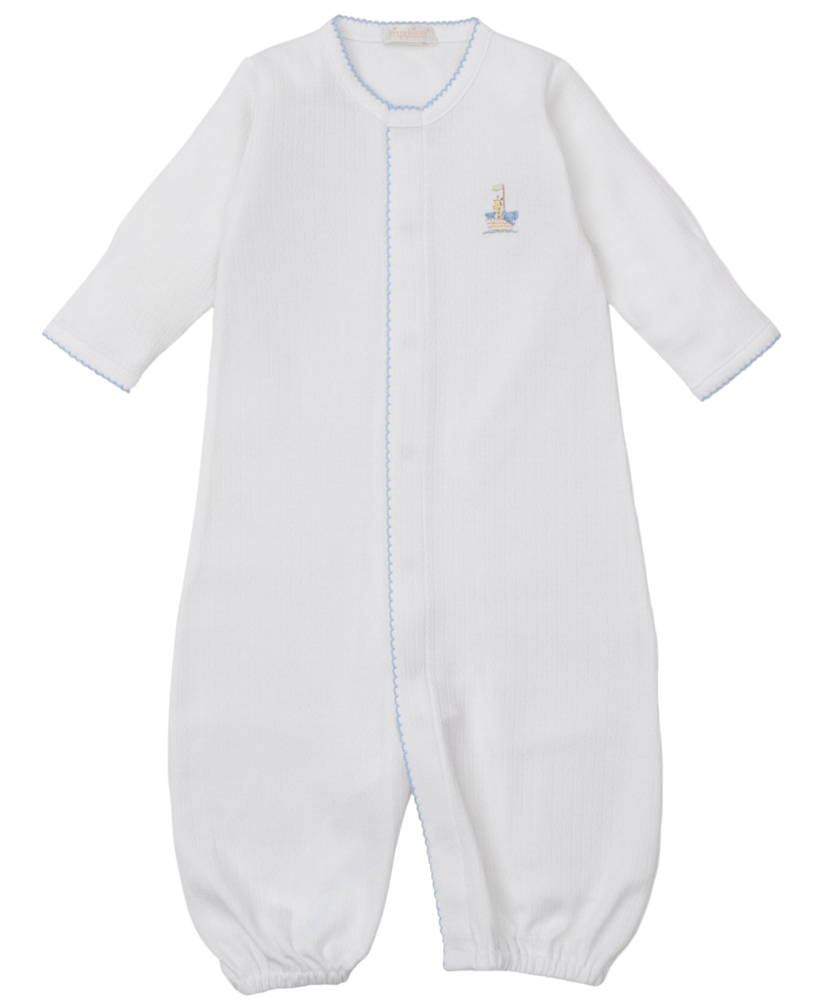 The Kissy Kissy Baby Premier Noah's Ark Convertible Gown features soft Peruvian cotton, long sleeves, blue trim, and a hand-embroidered Noah's Ark with a duck and boat on the chest, shown laid flat on a plain background.