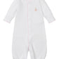The Kissy Kissy Baby Premier Noah's Ark Convertible Gown with Hand Emb. is a white Peruvian cotton infant gown with pink trim and an embroidered duck on the chest, shown laid flat against a plain background.