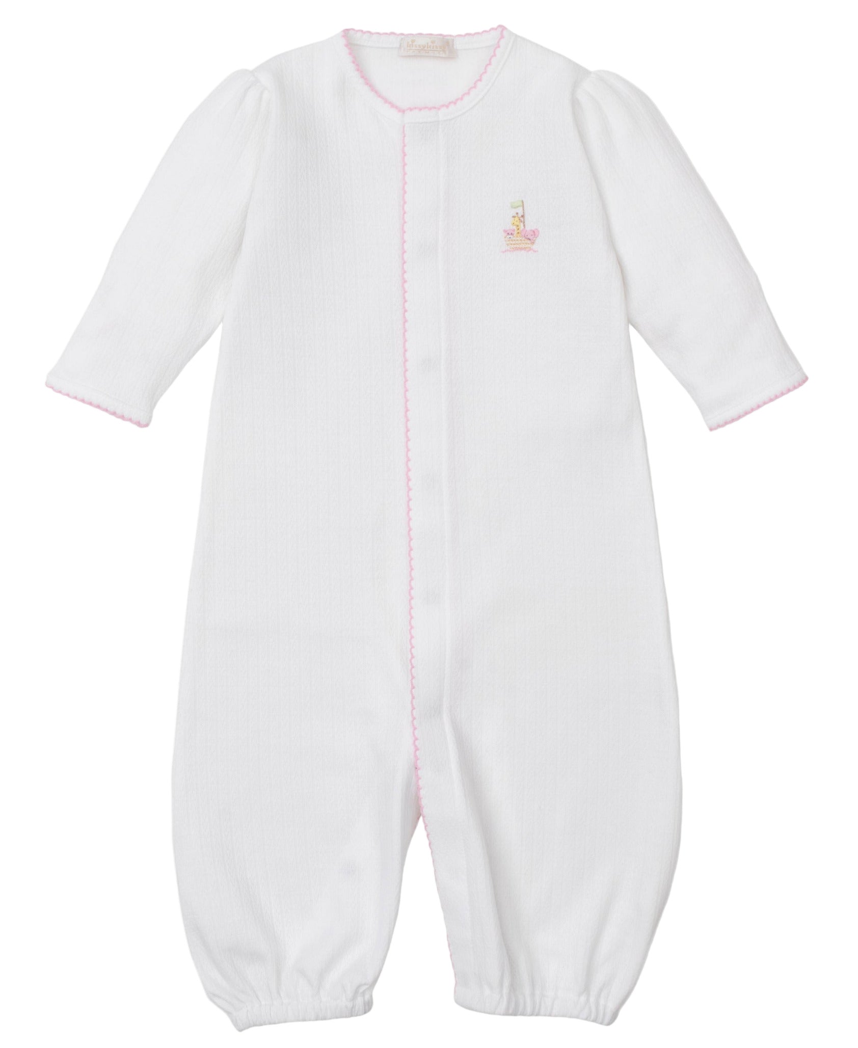 The Kissy Kissy Baby Premier Noah's Ark Convertible Gown with Hand Emb. is a white Peruvian cotton infant gown with pink trim and an embroidered duck on the chest, shown laid flat against a plain background.