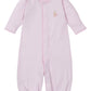 The Kissy Kissy Baby Premier Noah's Ark Convertible Gown with Hand Emb. is a light pink long-sleeve romper in soft Peruvian cotton, with elastic ankles, scalloped trim, and delicate Noah's Ark embroidery on the chest.