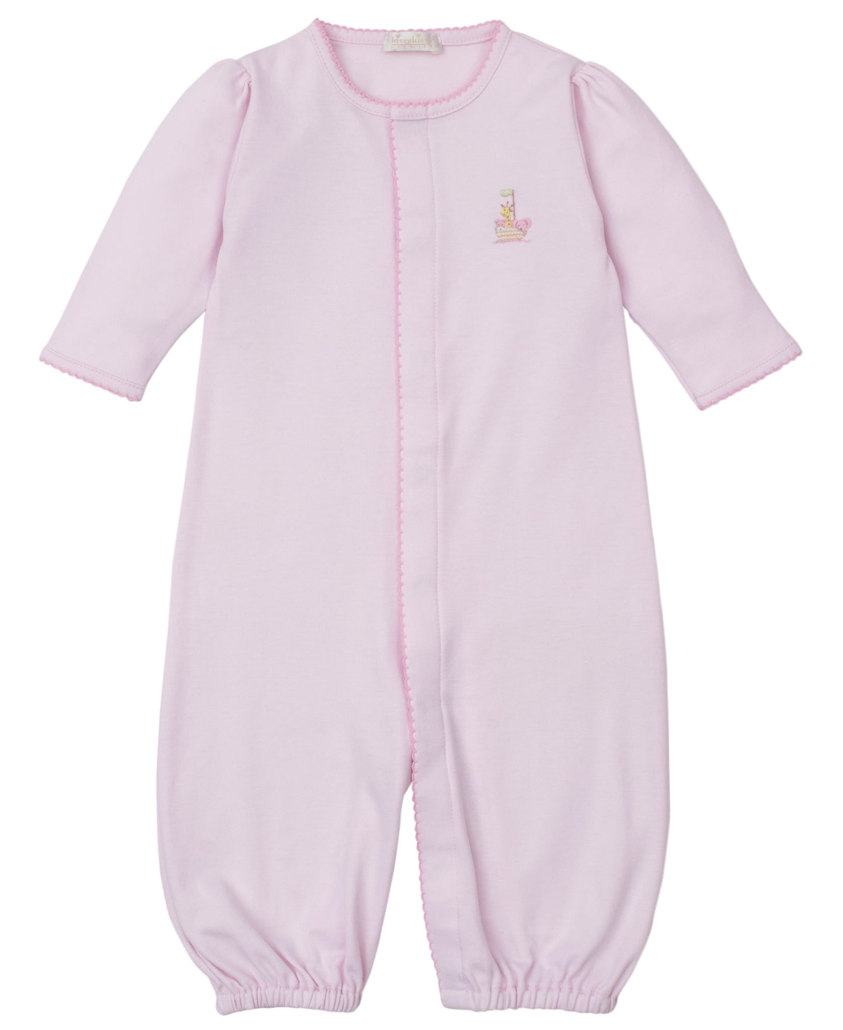 The Kissy Kissy Baby Premier Noah's Ark Convertible Gown with Hand Emb. is a light pink long-sleeve romper in soft Peruvian cotton, with elastic ankles, scalloped trim, and delicate Noah's Ark embroidery on the chest.