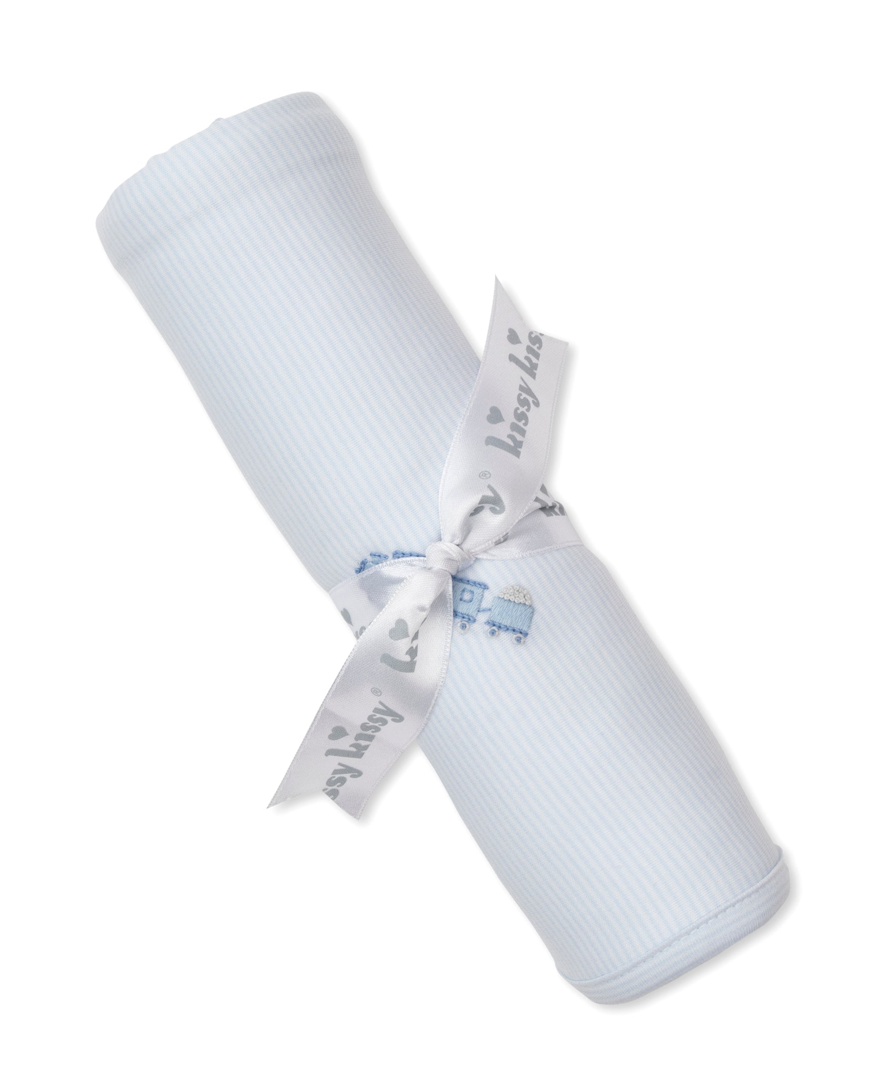 A rolled-up, light blue Fall Medley Striped Blanket with Hand Emb. by Kissy Kissy, made from Pima cotton and tied with a white ribbon featuring gray printed text.