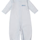 The Kissy Kissy Baby Boys' Fall Medley Stripe Convertible Gown with Hand Emb. features long sleeves, enclosed feet, and a small embroidered train on the chest, displayed flat on a white background.