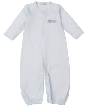The Kissy Kissy Baby Boys' Fall Medley Stripe Convertible Gown with Hand Emb. features long sleeves, enclosed feet, and a small embroidered train on the chest, displayed flat on a white background.
