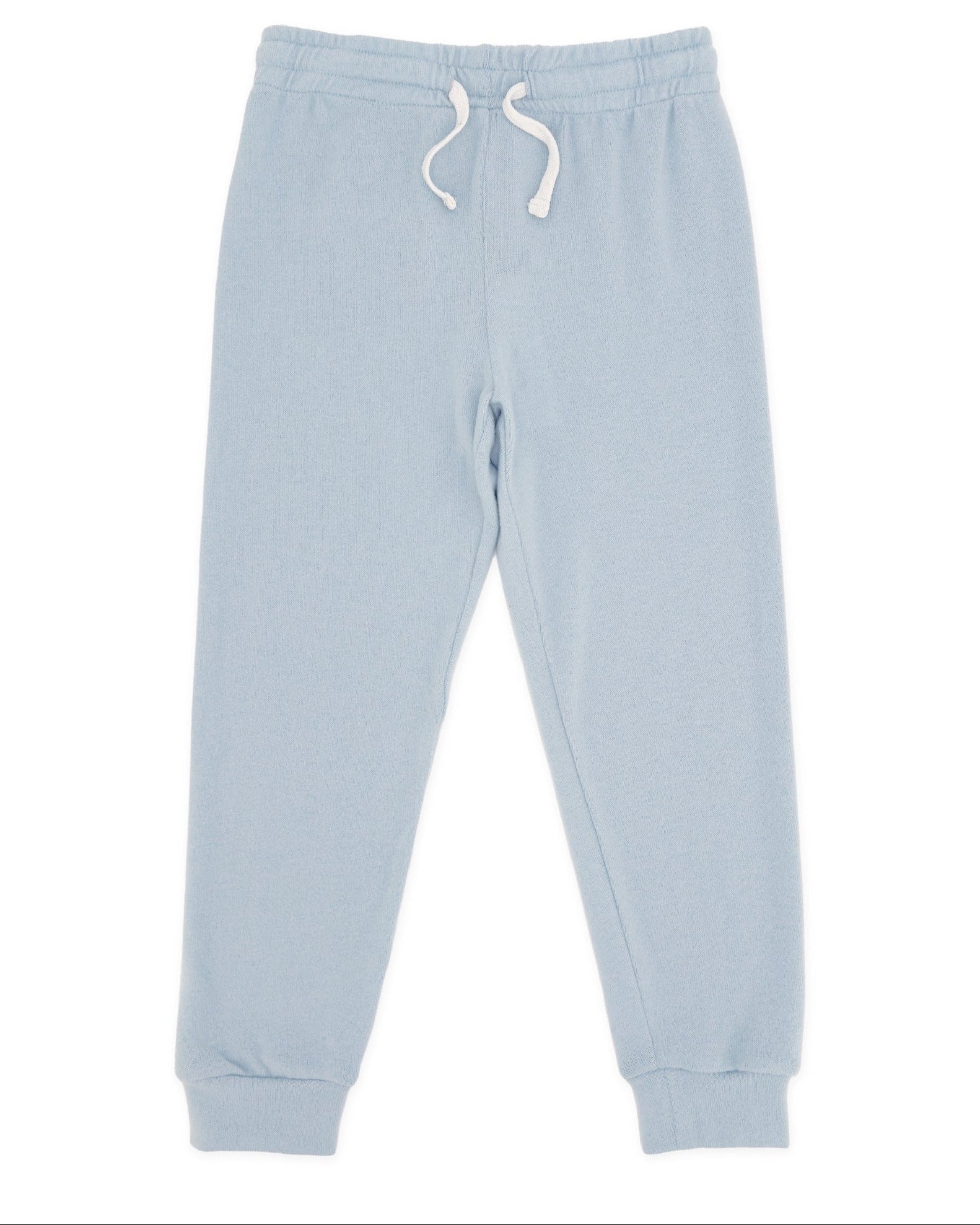 The Feather 4 Arrow Baby and Kids’ Hudson Hacci Jogger features a light blue relaxed fit with an elastic waistband, white drawstring, and cuffed ankles, shown laid flat on a white background.