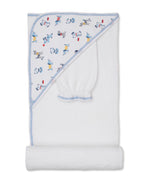 Wrap your little one in the Kissy Kissy Puppy Patch Hooded Towel with Mitt Set – a soft, white hooded towel accented with blue trim and a corner hood featuring an adorable cartoon puppy and sports print. Perfect for baby bath time, this charming puppy-themed set is thoughtfully folded to showcase both sides.