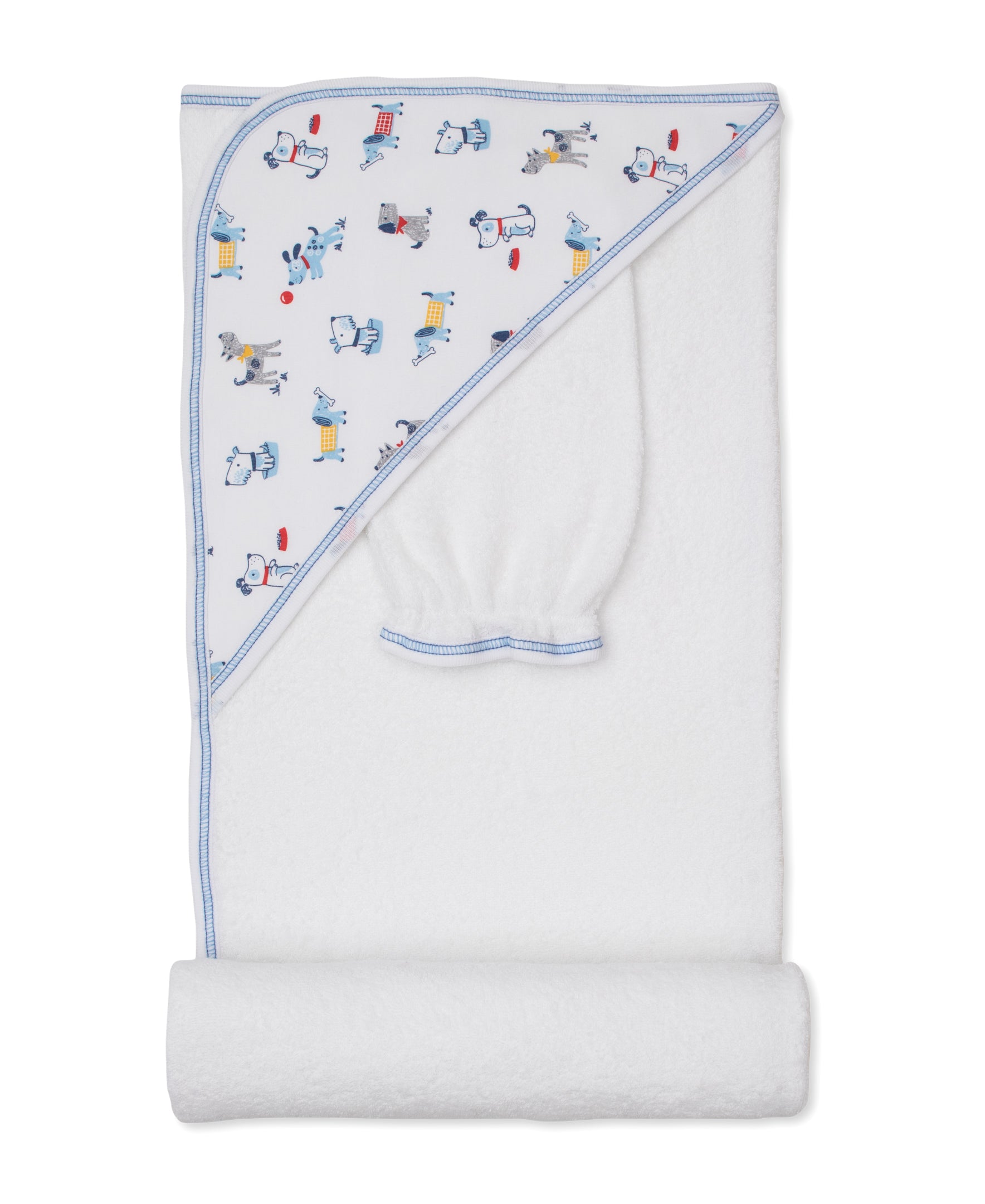 Wrap your little one in the Kissy Kissy Puppy Patch Hooded Towel with Mitt Set – a soft, white hooded towel accented with blue trim and a corner hood featuring an adorable cartoon puppy and sports print. Perfect for baby bath time, this charming puppy-themed set is thoughtfully folded to showcase both sides.