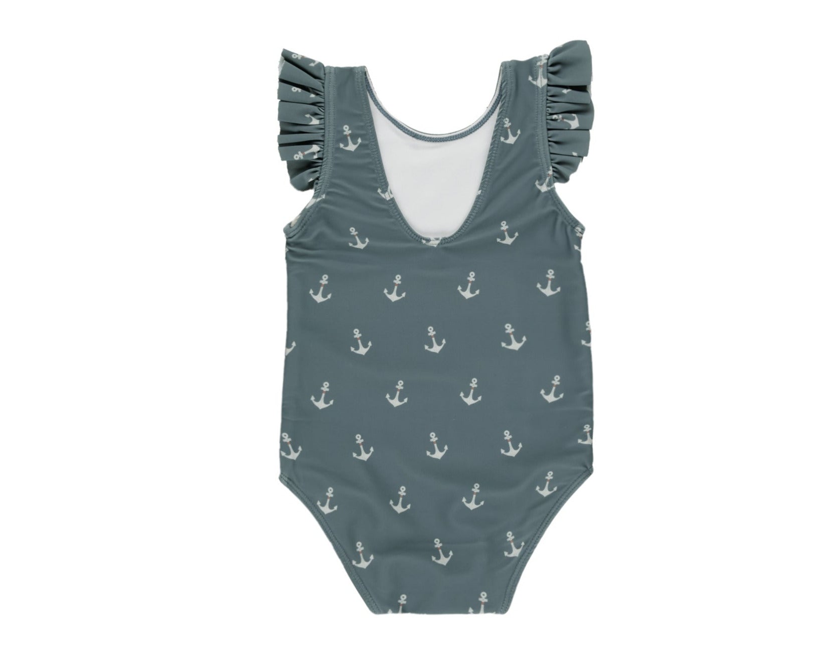 The Rylee & Cru Baby Girls' & Girls' Scoop Back Onepiece is a blue-green swimsuit with white anchor print, ruffled sleeves, and UPF 50+ protection, shown on a white background.