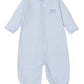 The Kissy Kissy Forest Fun Striped Convertible Gown is a light blue onesie made from soft Pima cotton, featuring long sleeves, a button-up front, and a charming embroidered animal on the chest for ultimate baby comfort.