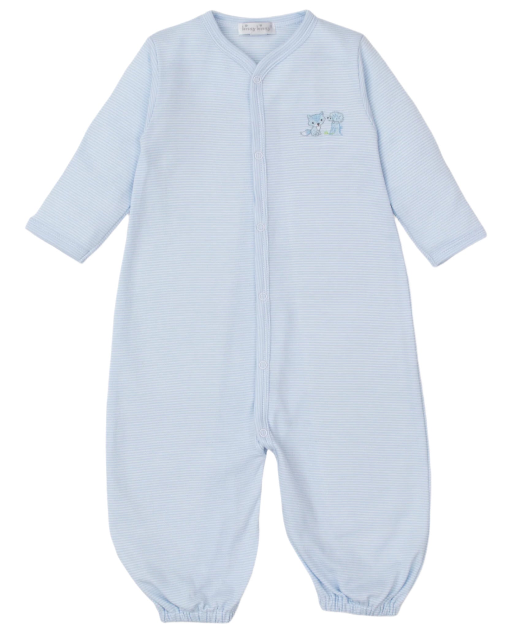 The Kissy Kissy Forest Fun Striped Convertible Gown is a light blue onesie made from soft Pima cotton, featuring long sleeves, a button-up front, and a charming embroidered animal on the chest for ultimate baby comfort.