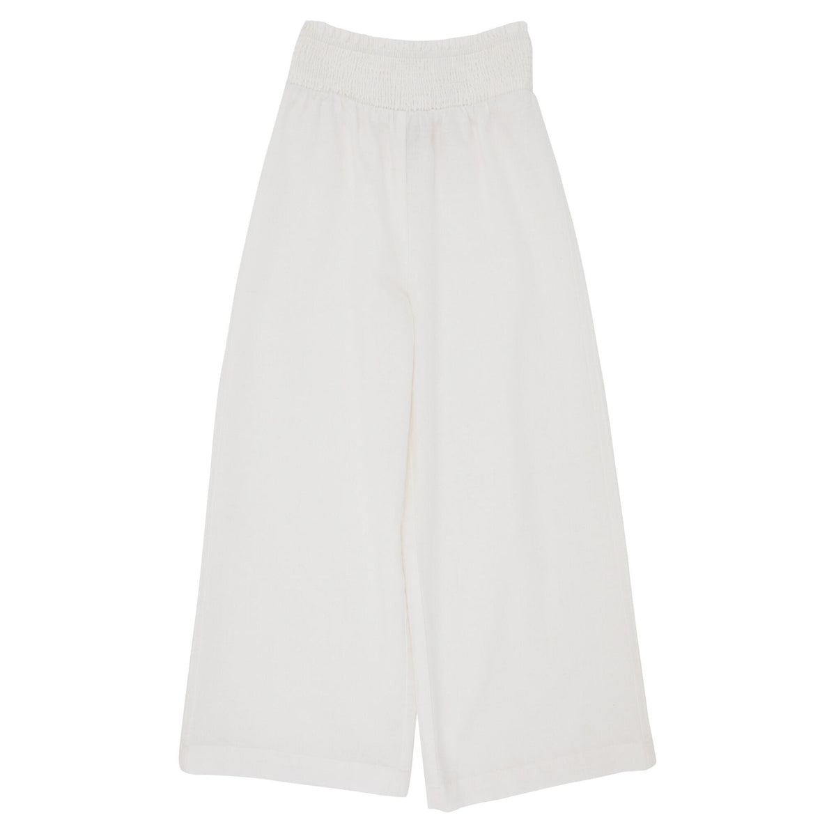 The Beaufort Bonnet Company Girls’ Lenai Lounge Pant in Worth Avenue White linen, featuring a wide-leg silhouette and elastic waistband, displayed flat on a white background.