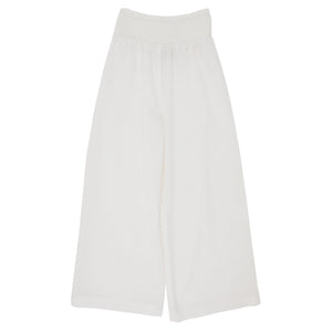 The Beaufort Bonnet Company Girls’ Lenai Lounge Pant in Worth Avenue White linen, featuring a wide-leg silhouette and elastic waistband, displayed flat on a white background.