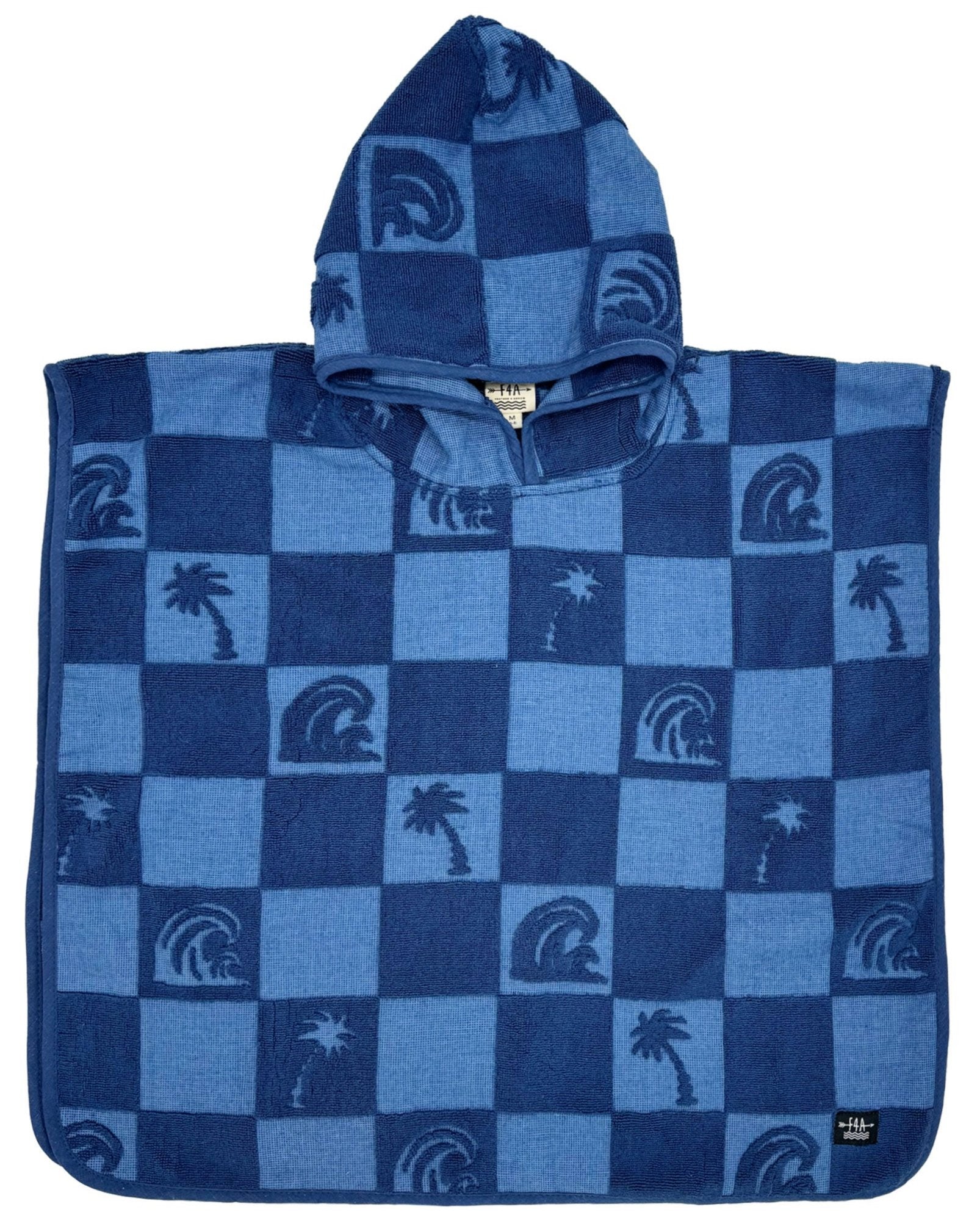 Feather 4 Arrow El Ray Poncho is a blue hooded terry cloth towel with a checkered pattern adorned with palm trees and waves, perfect for the beach.