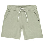 The Rylee + Cru Oceanside Tech Short by Rylee & Cru: light green kids' play wear shorts with an elastic waistband, white drawstring, side pockets, and a small black button detail for stylish practicality.