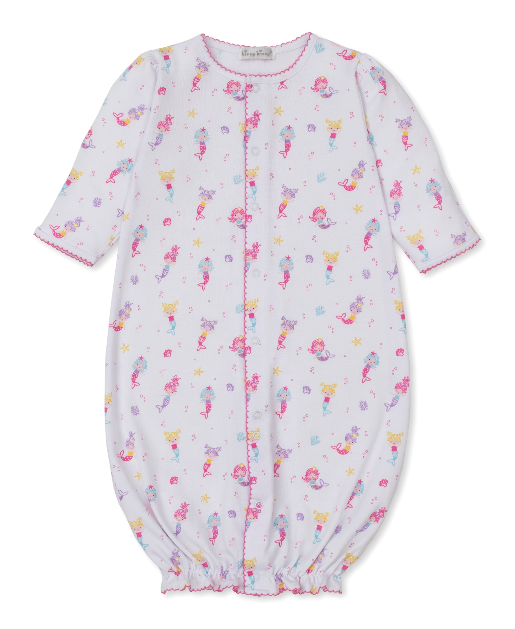 The Kissy Kissy Baby Girls' Underwater Mermaids Convertible Gown is crafted from white Pima cotton and features pink trim with an all-over pastel mermaid print, including sea stars and shells. This long-sleeved gown offers an elastic hem for easy changes and ultimate comfort.