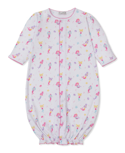 The Kissy Kissy Baby Girls' Underwater Mermaids Convertible Gown is crafted from white Pima cotton and features pink trim with an all-over pastel mermaid print, including sea stars and shells. This long-sleeved gown offers an elastic hem for easy changes and ultimate comfort.