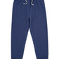 The Feather 4 Arrow Baby and Kids’ Hudson Hacci Jogger in navy blue, featuring a lightweight design, elastic waistband with gray drawstring, and cuffed ankles, is shown laid flat against a white background.