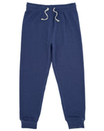 The Feather 4 Arrow Baby and Kids’ Hudson Hacci Jogger in navy blue, featuring a lightweight design, elastic waistband with gray drawstring, and cuffed ankles, is shown laid flat against a white background.
