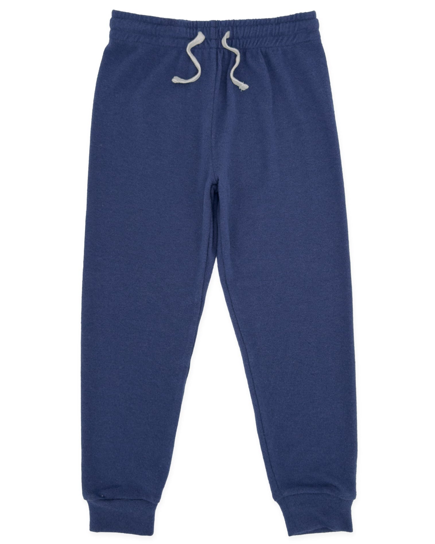 The Feather 4 Arrow Baby and Kids’ Hudson Hacci Jogger in navy blue, featuring a lightweight design, elastic waistband with gray drawstring, and cuffed ankles, is shown laid flat against a white background.