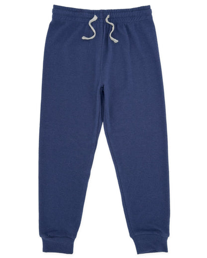The Feather 4 Arrow Baby and Kids’ Hudson Hacci Jogger in navy blue, featuring a lightweight design, elastic waistband with gray drawstring, and cuffed ankles, is shown laid flat against a white background.