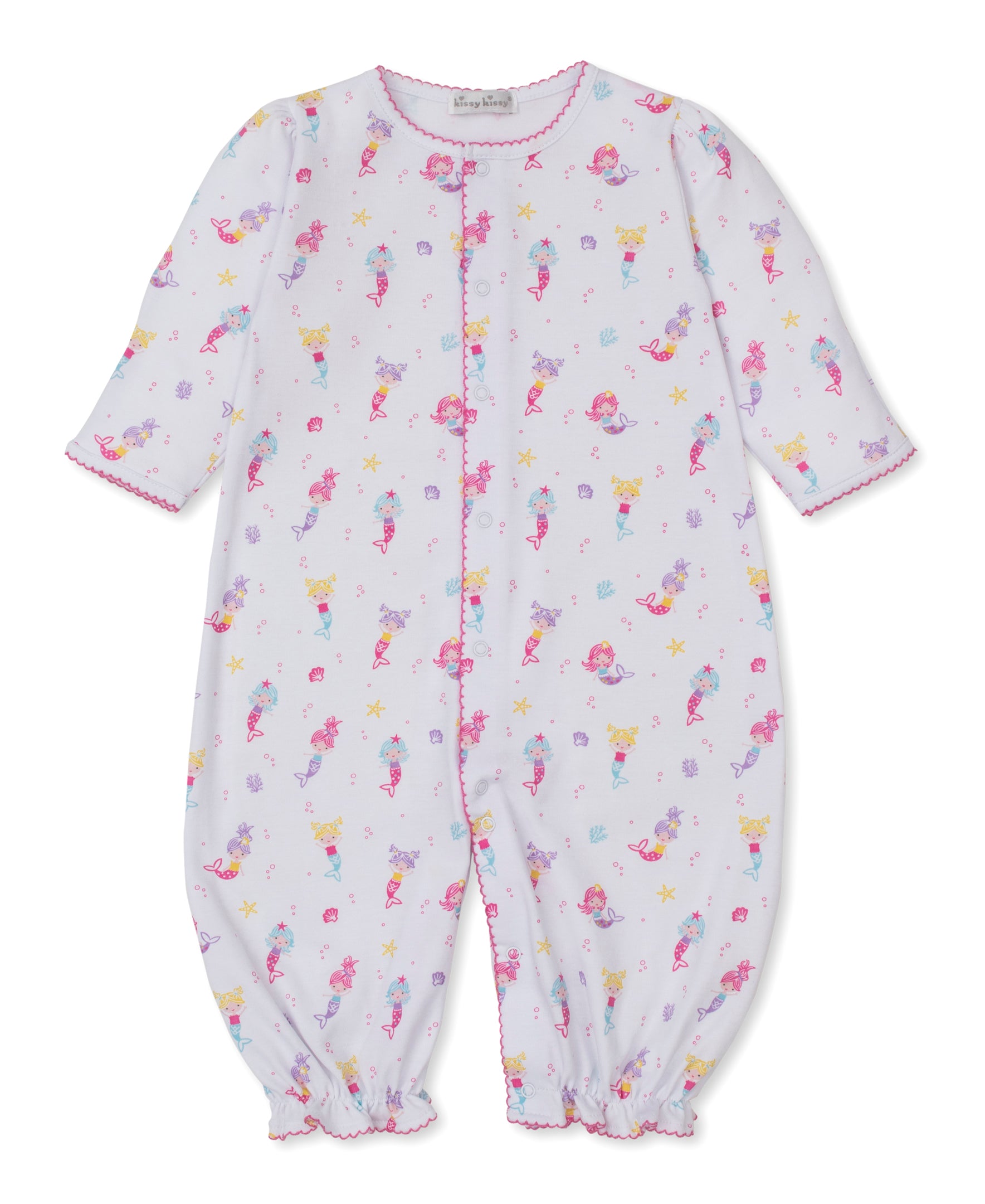 Kissy Kissy Baby Girls' Underwater Mermaids Convertible Gown features long sleeves, a charming pink mermaid and sea creature print on white fabric, soft pink trim at the cuffs and neckline, and convenient front snap buttons for easy changes.