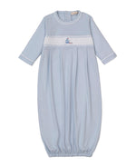 Introducing the Baby Boys' CLB Summer Medley Sack by Kissy Kissy—a light blue Peruvian cotton gown featuring long sleeves, an elastic bottom, and charming sailboat and wave embroidery on the chest.