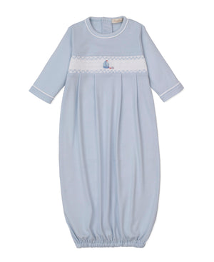 Introducing the Baby Boys' CLB Summer Medley Sack by Kissy Kissy—a light blue Peruvian cotton gown featuring long sleeves, an elastic bottom, and charming sailboat and wave embroidery on the chest.