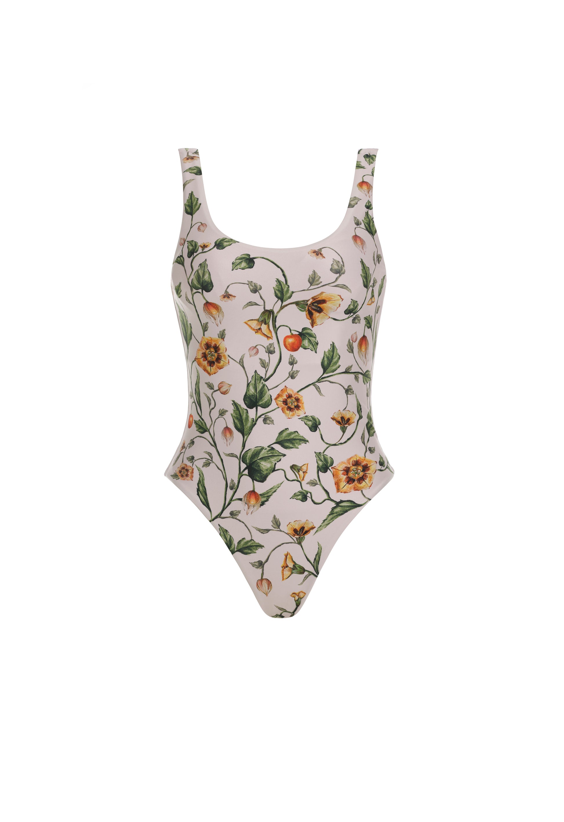 The Gema One Piece by Agua By Aguabendita is a scoop-neck swimsuit made from recycled polyester, featuring a colorful floral print on a light background with UPF 50 protection, shown against a white backdrop.