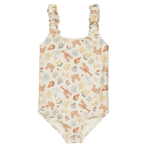 Rylee & Cru Girls' Scrunch One-Piece: beige kids’ swimsuit with ruffled straps and a vibrant sea-themed print featuring shells, crabs, lobsters, and seaweed.