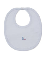 The Kissy Kissy CLB Summer Medley Striped Sailboat Bib features light blue stripes and a charming embroidered sailboat near the bottom center. Crafted from soft Pima cotton, this absorbent bib keeps your little one comfortable and clean.