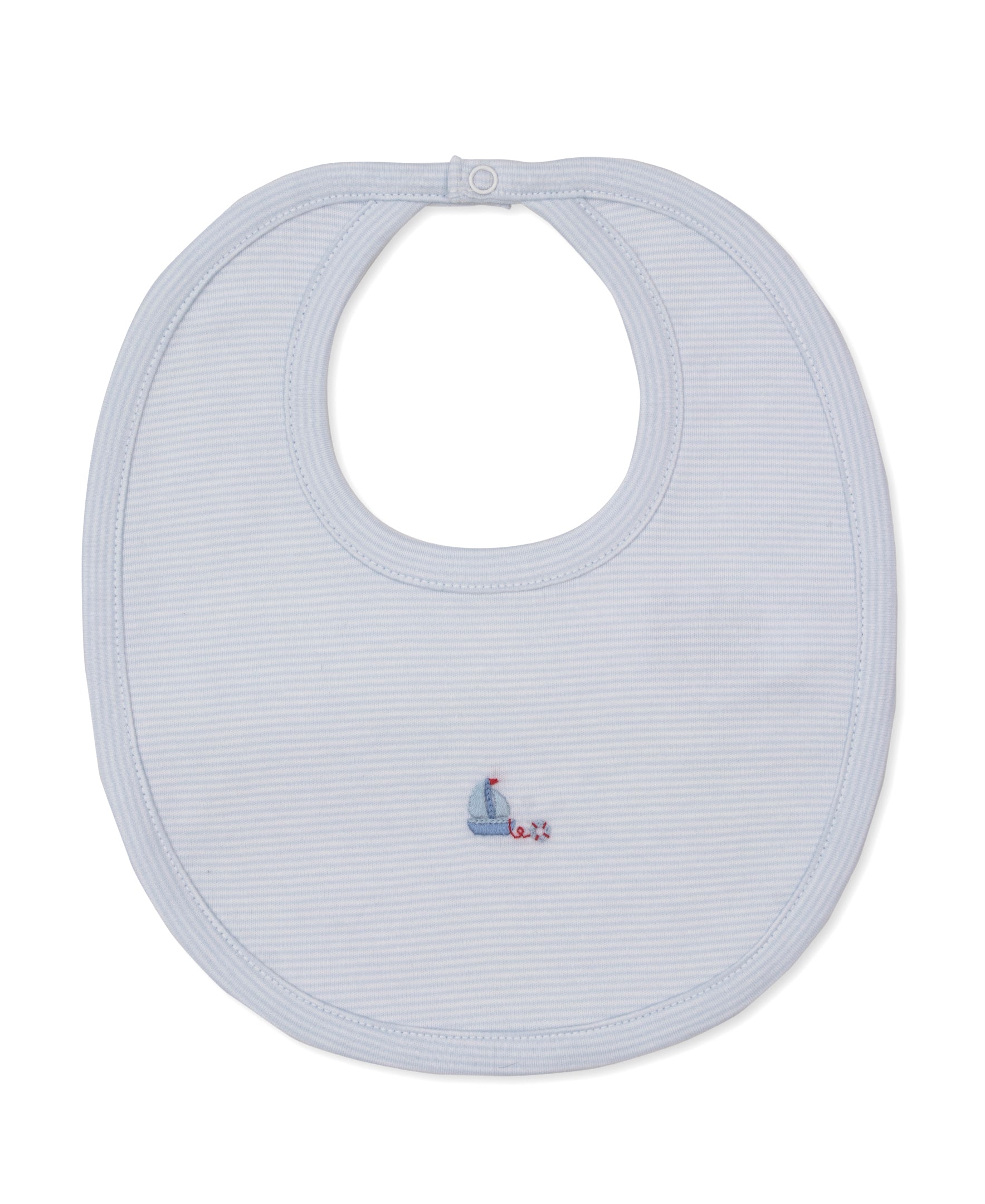 The Kissy Kissy CLB Summer Medley Striped Sailboat Bib features light blue stripes and a charming embroidered sailboat near the bottom center. Crafted from soft Pima cotton, this absorbent bib keeps your little one comfortable and clean.