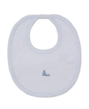The Kissy Kissy CLB Summer Medley Striped Sailboat Bib features light blue stripes and a charming embroidered sailboat near the bottom center. Crafted from soft Pima cotton, this absorbent bib keeps your little one comfortable and clean.