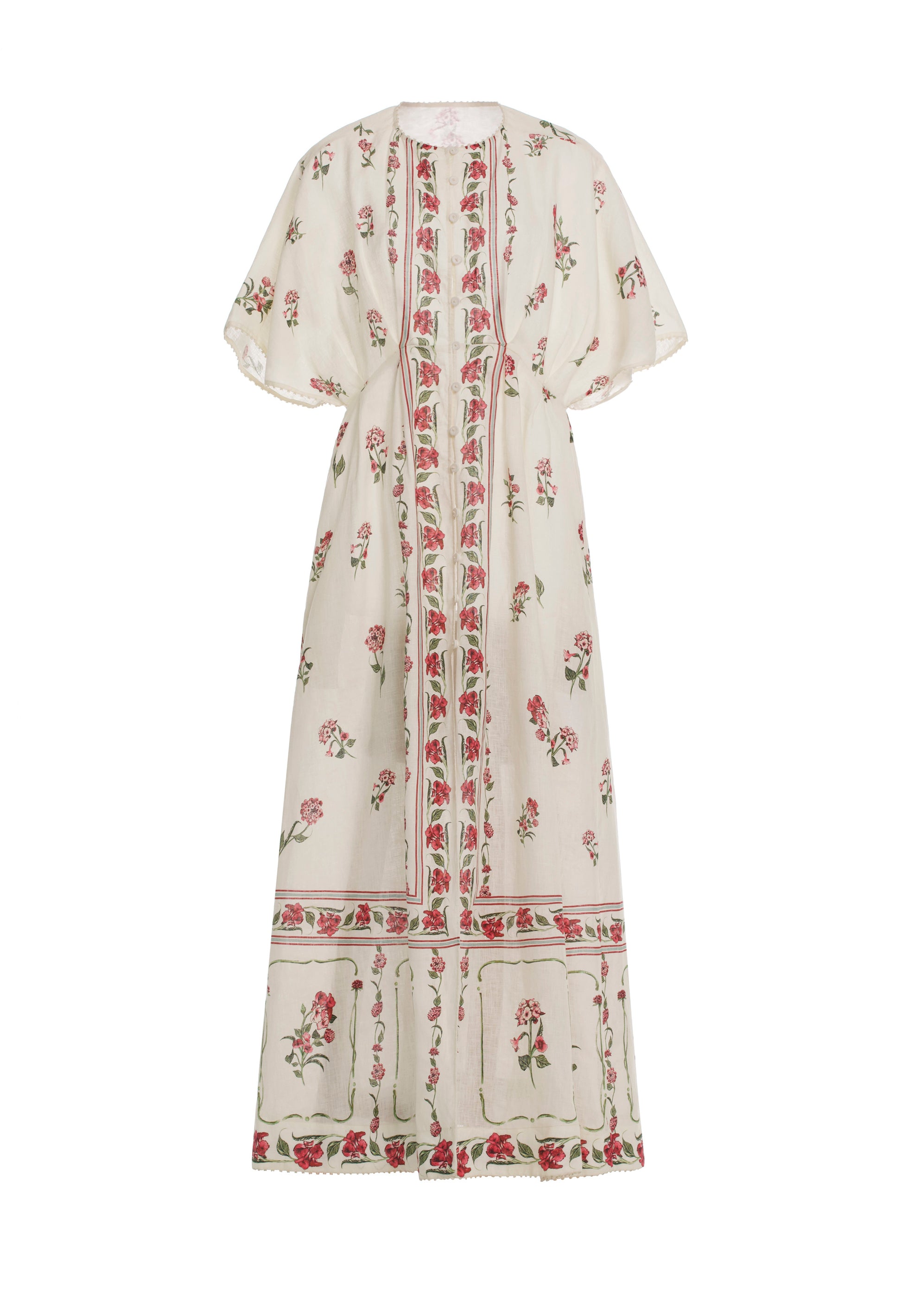 The Gesto Dress by Agua By Aguabendita is a long cream linen kaftan with wide short sleeves, featuring pink and green floral patterns and geometric borders on the front, hem, and sleeves.
