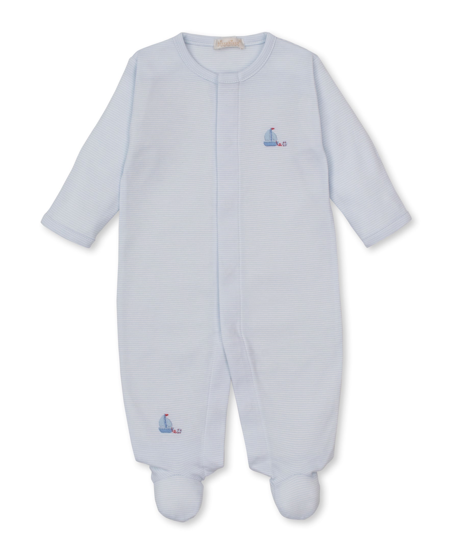 Baby Boys' CLB Summer Medley Striped Footie by Kissy Kissy, in light blue stripes, crafted from soft Peruvian cotton with long sleeves and delicate hand-embroidered sailboats on the chest and left leg. Displayed laid flat on a white background.