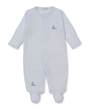 Baby Boys' CLB Summer Medley Striped Footie by Kissy Kissy, in light blue stripes, crafted from soft Peruvian cotton with long sleeves and delicate hand-embroidered sailboats on the chest and left leg. Displayed laid flat on a white background.