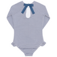 The Minnow Girls' Pacific Stripe Rashguard One Piece features long sleeves, navy and white stripes, a back keyhole opening, a navy neck bow, and cute ruffle hip accents.