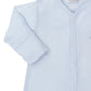 The Kissy Kissy Forest Fun Striped Convertible Gown is a light blue baby onesie with white pinstripes, crafted from soft Pima cotton for comfort, featuring long sleeves and front snap buttons.