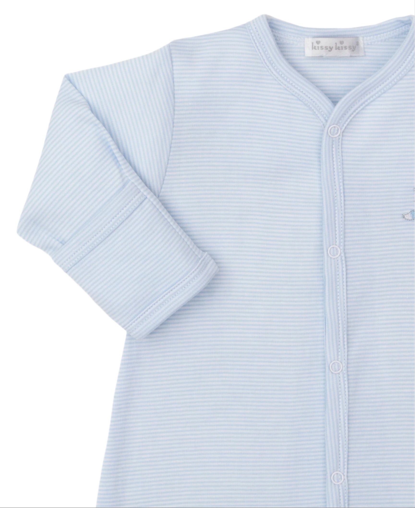 The Kissy Kissy Forest Fun Striped Convertible Gown is a light blue baby onesie with white pinstripes, crafted from soft Pima cotton for comfort, featuring long sleeves and front snap buttons.