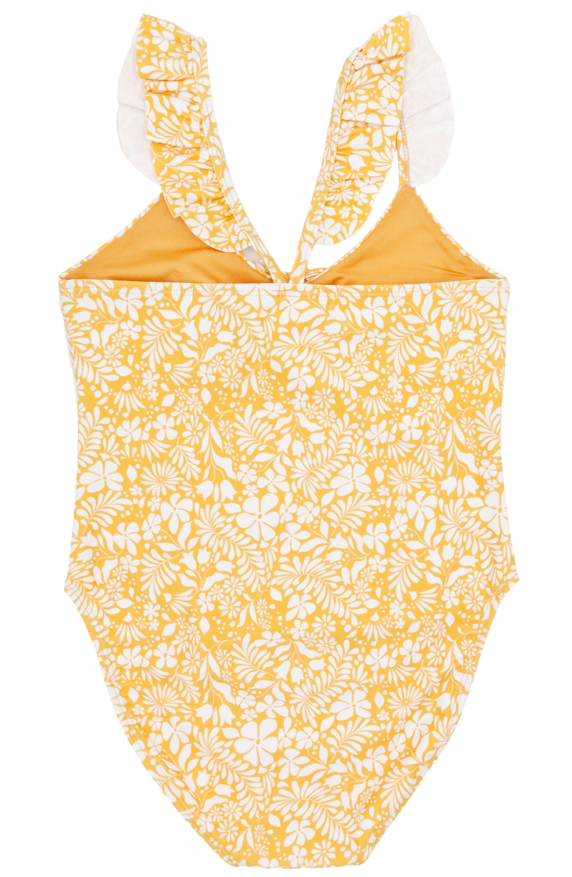 The Feather 4 Arrow In a Cinch One-Piece Swimsuit, designed for girls, features a yellow and white floral pattern with ruffled shoulder straps, making it ideal for both pool and beach adventures.