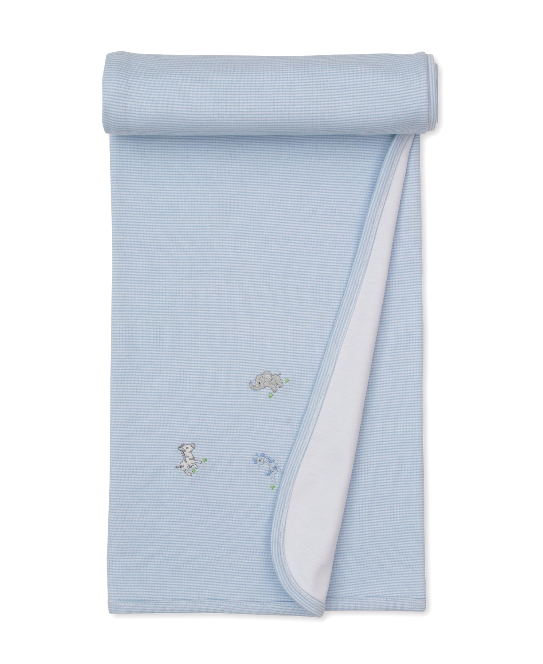 Wrap your little one in comfort and style with the Kissy Kissy SCE Safari Party Striped Blanket—a light blue striped Pima cotton blanket featuring charming embroidered animals, including an elephant and a dog. Partially rolled at the top to reveal its soft white underside, this cozy blanket is perfect for cuddling.