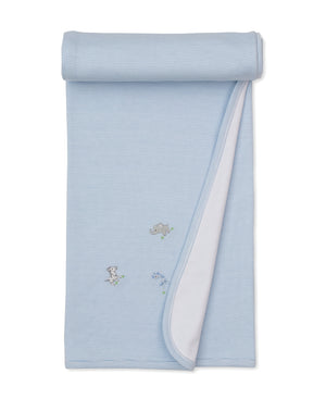 Wrap your little one in comfort and style with the Kissy Kissy SCE Safari Party Striped Blanket—a light blue striped Pima cotton blanket featuring charming embroidered animals, including an elephant and a dog. Partially rolled at the top to reveal its soft white underside, this cozy blanket is perfect for cuddling.